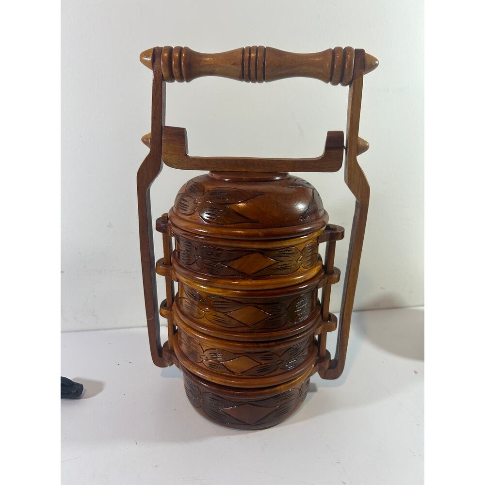 Antique Chinese Nested Food Basket Painted Flower Bamboo Wood Wedding
